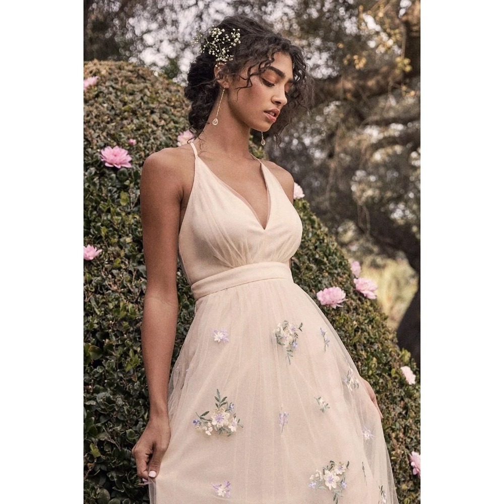 Lulus Lorenzo Floral Embroidered Sleeveless Fairy Tulle Maxi Dress Gown Cream S